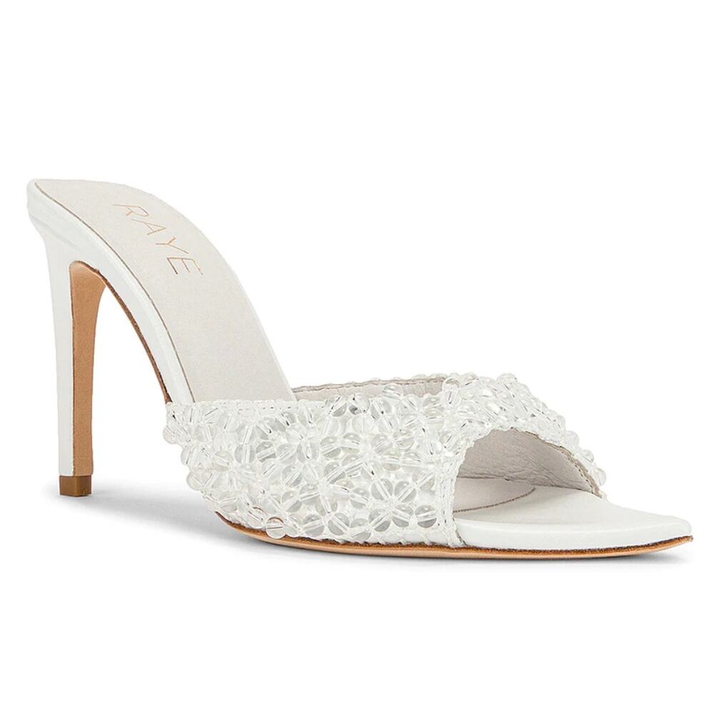 Raye Alcove Heels‎ White Leather Beaded Sandals Pointed Toe Slides Sz 6 Women's